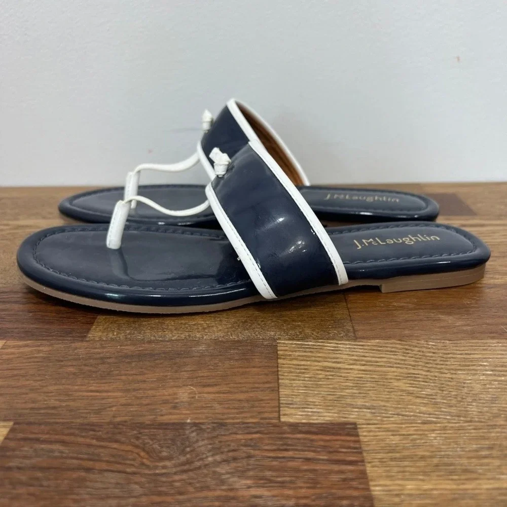 J Mclaughlin Leslie Sandal 8.5 Navy‎ Patent Leather Thong Summer Nautical Strap